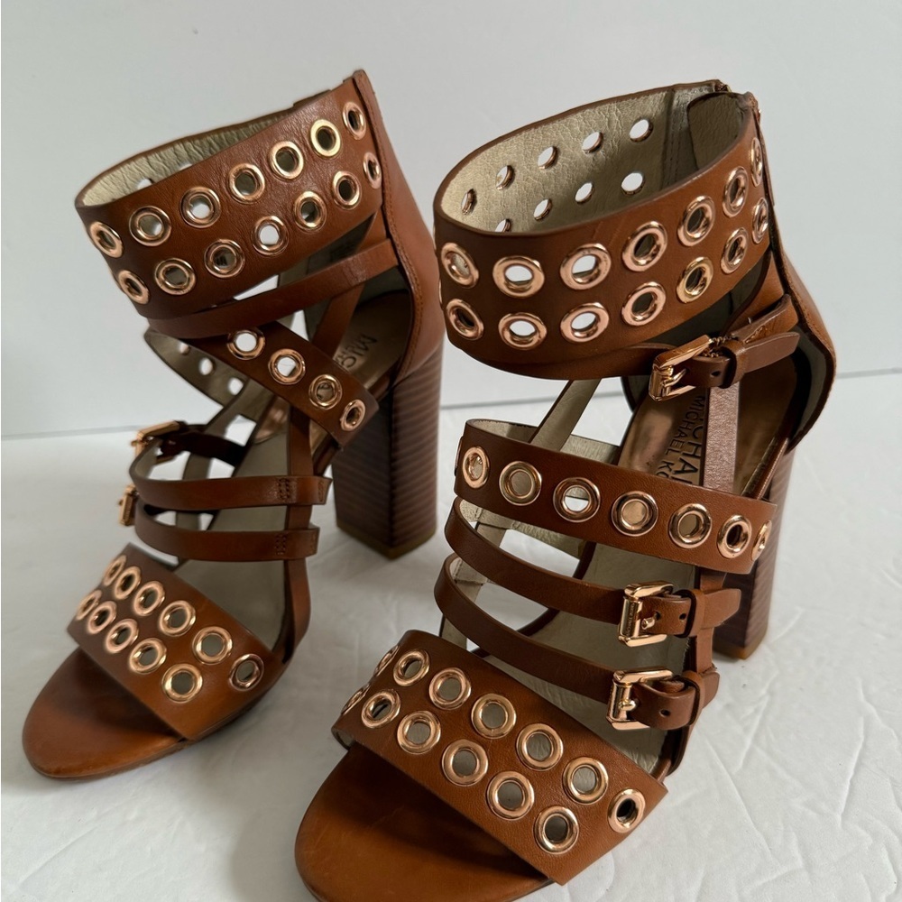 Michael Kors Brown Chunky Studded Edgy Heeled Gladiator Leather Sandals Size 5.5
